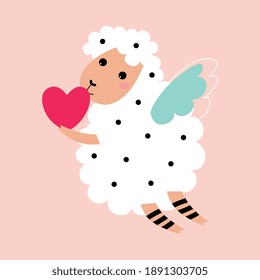 Little Sheep Cupid Holding Heart Shape as Valentine Day Celebration Vector Illustration