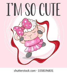 Little sheep dancing wearing pink ribbon. Cute sheep with ribbon vector illustration