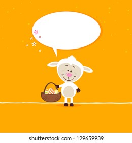Little sheep with easter eggs and speech bubble