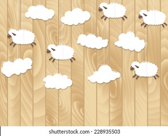 Little sheep fly on wooden background. Cartoon vector illustration. Paper sheep