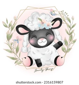 Little Sheep with watercolor illustration