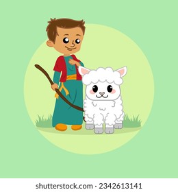 little shepherd and his sheep, flat design, vector, chibi