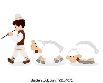 Little shepherd in traditional clothes plying flute and his flock of sheep, isolated objects over white background.