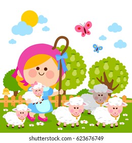 Little shepherdess girl at the farm with cute sheep. Vector illustration