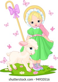 Little shepherdess with newborn lamb in  the spring meadow