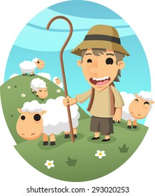 little shepperd with herd vector cartoon illustration