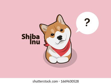 Little Shiba Inu with red scarf lay down on the floor and has a question thinking balloon, designing with flat color style. Minimal art but various usage.