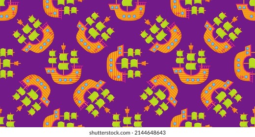Little ship, boat, flat style cartoon seamless pattern. Flat cartoon vector illustration of toy boat. Vector illustration