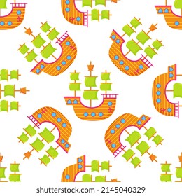 Little ship, boat, flat style cartoon seamless pattern. Flat cartoon vector illustration of toy boat. Vector illustration