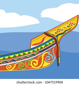 The little ship floats in the sea.
Color with blue skies