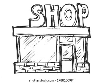Little shop. Architecture of small forms. Small business. Vector illustration in sketch style. Can be used for printing