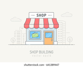 Little shop building in the city. Vector illustration in scribble line art style.