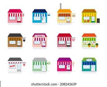 Little Shop Icons Vector Illustration. Variety of colorful symbols for retail, stores and services. Flat design, no gradients