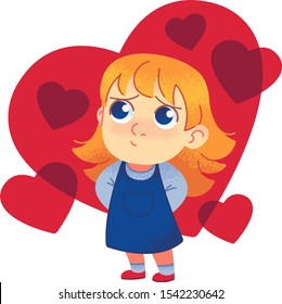 A little shy blonde girl in a blue dress, hiding her arms behind the back, looking away. Big red heart on a background, smaller hearts flying around. St. Valentine's Day. Vector flat illustration. 