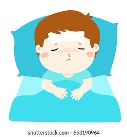 Little sick boy sleep in bed vector illustration.
