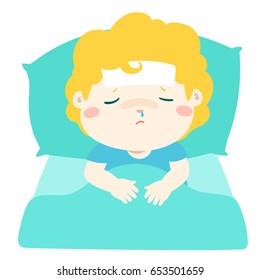 Little sick boy sleep in bed vector illustration.