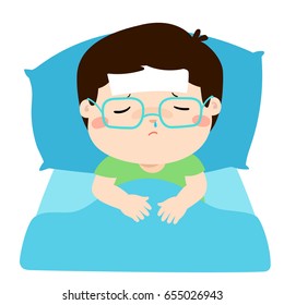 Little sick boy sleep in bed vector illustration.