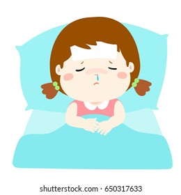Little sick girl sleep in bed vector illustration.