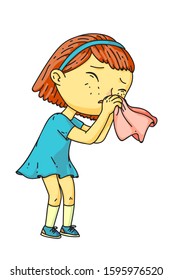 Little sick girl suffering from runny nose got cold. Cute kid sneezing. Female toddler blowing nose with tissue. Child cartoon character standing isolated on white. Vector flat illustration