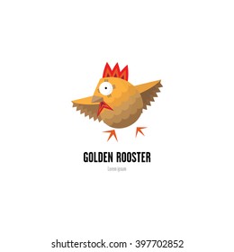 Little sign of golden rooster in the white background. It's really simple, minimalistic and it can be used as a template. We see that the rooster is trying to fly because of these wide-opened wings.
