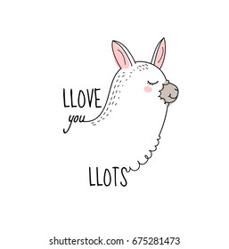 Little simple dreaming cute beautiful white llama  design, hand drawn girlish elegant vector illustration for t-shirts, phone case, mugs, wall art etc.  text "llove you llots"