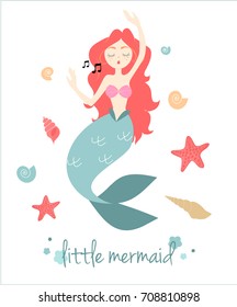 Little singing Mermaid and the sea inhabitants. Vector illustration.