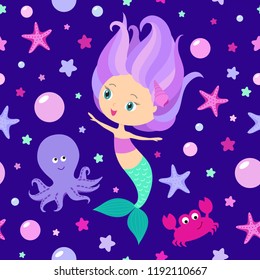 Little siren mermaid seamless pattern. Underwater world kids design. Marine girl dancing playing with crab and octopus. Sea elements bubble, starfish. Dark blue background. Textile fabric print, etc.