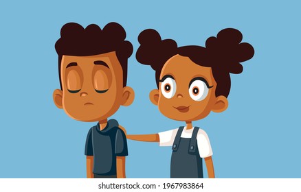 Little Sister Comforting Her Brother Vector Illustration. Empathic supportive girl encouraging sad unhappy male school mate trying to cheer him up
