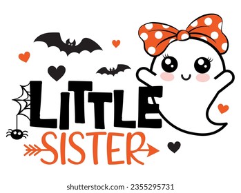 Pequeña ilustración vectorial de Halloween de hermanita con fantasmas lindos, corazones, araña y murciélagos. Diseño de halloween para chicas aisladas.