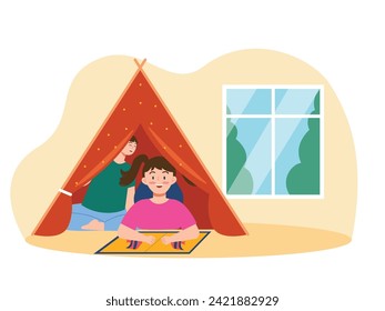 Little sister playing with big brother in a tent inside the house, family time. Character design. Vector flat illustration