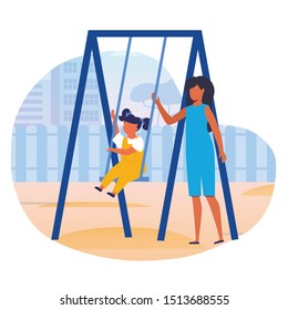 Little Sisters on Swing Flat Vector Illustration. Siblings, Teenager and Preschool Child Cartoon Characters. Girls Spend Time Together on Playground. Outdoor Games, Summer Pastime, Childhood Leisure