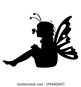 Little sitting girl silhouette with buttefly wings. Vector illustration.