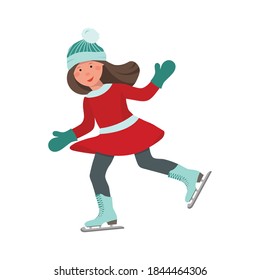 Little skater, girl skating on ice. Rink. The girl is skating. Scene of winter recreation with children on a skating rink in the park.