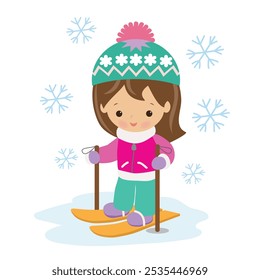 Little skier girl  vector cartoon  illustration