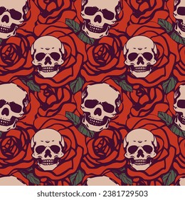Little skulls on a background of roses seamless pattern.Gothic ornament.