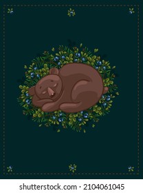 Kleiner schlafender brauner Bär auf einem Hintergrund von Waldbeeren und Pflanzen. Cartoon-Vektorgrafiken.