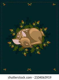 Little sleeping deer on the background of oak branches with acorns. Cartoon vector graphics.