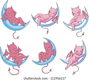 Little sleeping devils on moon. Set of color vector illustrations in cartoon style.