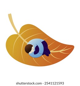 A little sleeping lonely boy character laying on a yellow-orange fall leaf. Autumn mood illustration, psychological state of depression, despair or sadness.Concept expression of solitude, cold inside