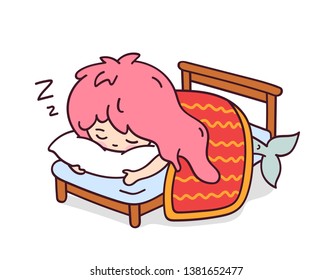 Little sleeping mermaid hugging a pillow. Cute cartoon character for emoji, sticker, pin, patch, badge. Vector illustration.