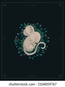 Little sleeping mouse on the background of forest berries and plants. Cartoon vector graphics.