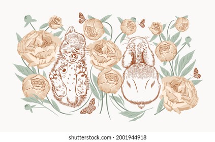 Little sleeping rabbits in a peony garden among tender buds in the grass