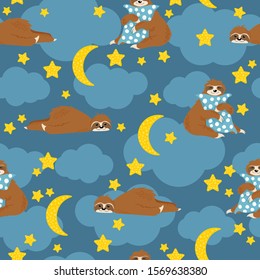 Little sleeping sloth bear lying down and hug pillow on blue background with clouds and stars and moons. Vector seamless pattern with cute hand drawn sloths in cartoons style. 