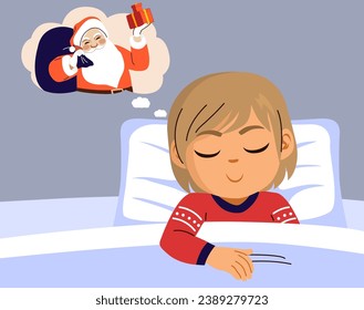 Little sleepy boy dreaming about Santa Claus vector cartoon on comic balloon. Impatient little child feeling tired awaiting presents