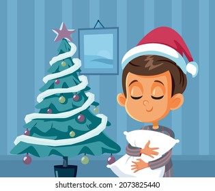 Little Sleepy Boy Waiting for Santa Claus Vector Cartoon. Impatient little child feeling tired awaiting presents
