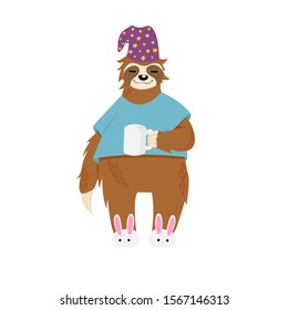 Little sloth bear standing in t-shirt and cap with cup of coffee hand drawn vector illustration in cartoons style. Sleeping cute sloth with coffee. Morning routine concepts