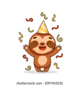 The little sloth is celebrating his birthday. Cute character stands with raised hands among confetti. Postcard in children's cartoon style. Vector illustration for designs, prints and patterns. Vector