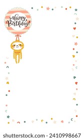 Little sloth on a balloon with Happy Birthday lettering. A cute festive cartoon character in a simple childish hand-drawn style. Vector template with confetti frame