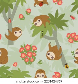 Little sloth seamless pattern. Hand drawn wild animals on the tree. For textile, wrapping paper, packaging.