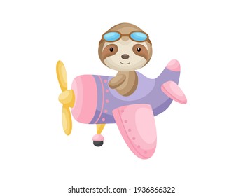 Little sloth wearing aviator goggles flying an airplane. Funny baby character flying on plane for greeting card, baby shower, birthday invitation, house interior. Isolated cartoon vector illustration